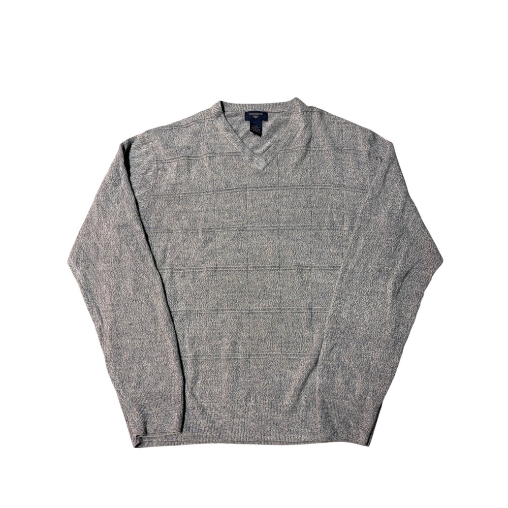 Dockers Mens Grey Marl V-Neck Sweater Windowpane Knit Pullover Large